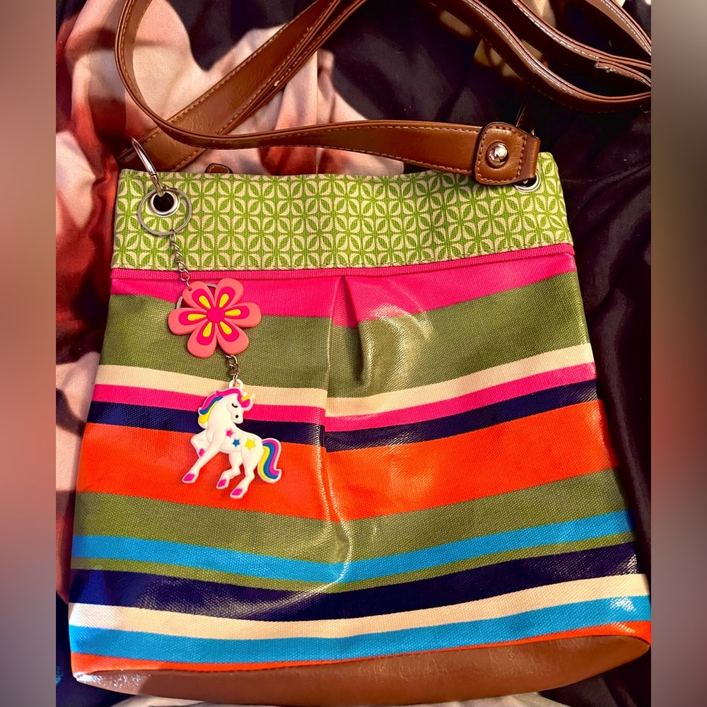 Vibrant Striped Shoulder Bag with Unicorn Charm